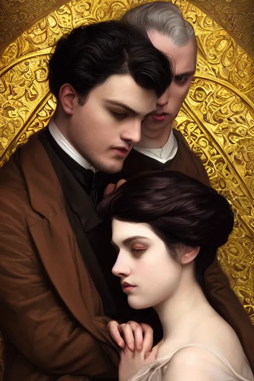 Prompt: a portrait of handsome young evil male Satan and his elegant beautiful wife, bored, illustration, dramatic lighting, soft details, painting oil on canvas, art nouveau, octane render, HDR, 4k, 8k, HD, by Edmund Blair Leighton, Brom, Charlie Bowater, trending on artstation, faces by Tom Bagshaw, Sargent