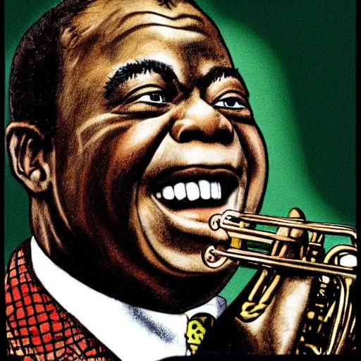 Prompt: “portrait of Louis Armstrong, by Robert crumb, coloured, graphic”