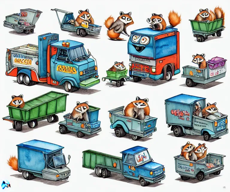 Image similar to cute and funny, racoon riding in a garbage truck, ratfink style by ed roth, centered award winning watercolor pen illustration, isometric illustration by chihiro iwasaki, edited by range murata, tiny details by artgerm and watercolor girl, symmetrically isometrically centered, sharply focused