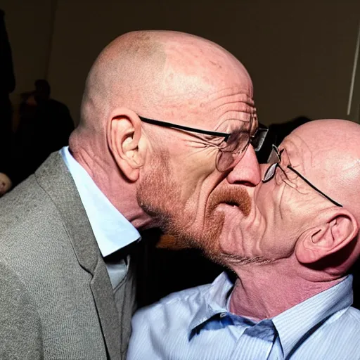 Prompt: jonathan banks kissing walter white, face close up