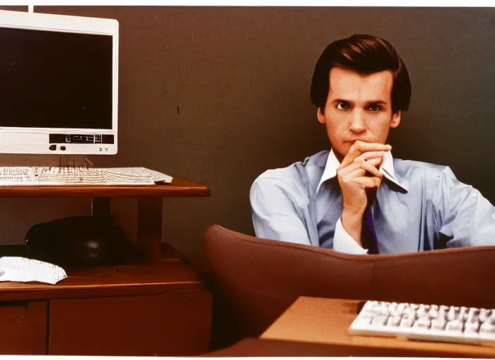 Image similar to color photo. stock market. handsome photomodel sitting by his 8 0's computer in the 8 0's