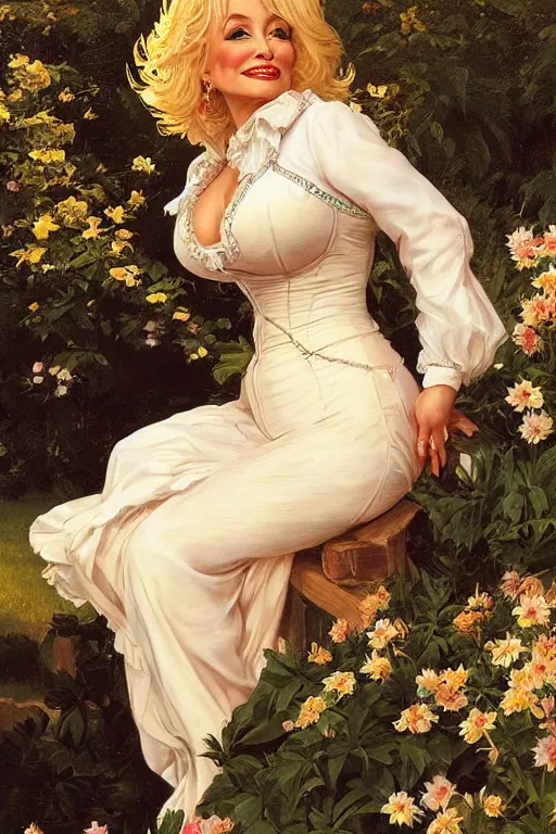 Image similar to Dolly Parton, golden hour, in a garden by a pool, artstation, by J. C. Leyendecker and Peter Paul Rubens,