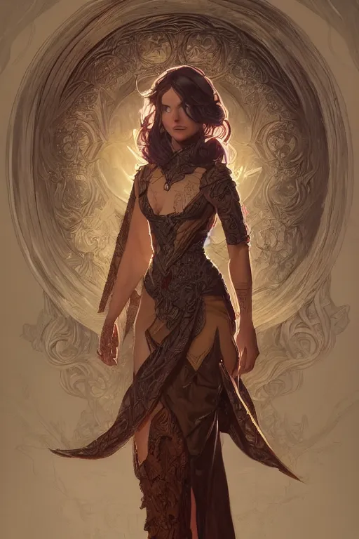 Prompt: full body portrait of a female mage, D&D, fantasy, intricate, elegant, highly detailed, digital painting, artstation, concept art, smooth, sharp focus, illustration, art by artgerm and greg rutkowski and alphonse mucha