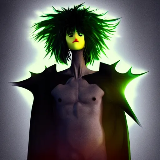 Prompt: Demon boy with upturned electrified hair, mazoku, yokai, VFX, digital art, vantablack cloak