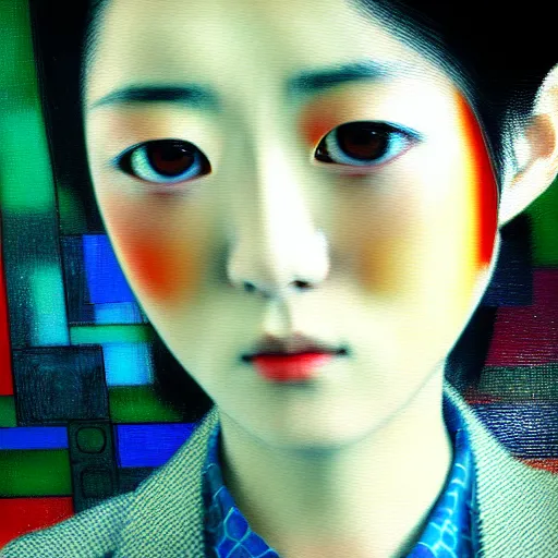 Image similar to yoshitaka amano blurred and dreamy realistic three quarter angle portrait of a young woman with short hair and black eyes wearing office suit with tie, junji ito abstract patterns in the background, satoshi kon anime, noisy film grain effect, highly detailed, renaissance oil painting, weird portrait angle, blurred lost edges