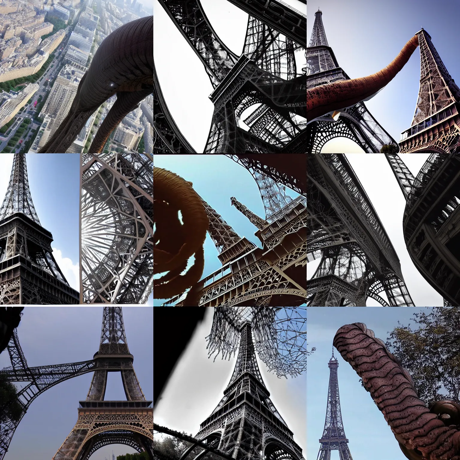 Prompt: news footage of a giant worm devouring the eiffel tower, grond level, low angle view