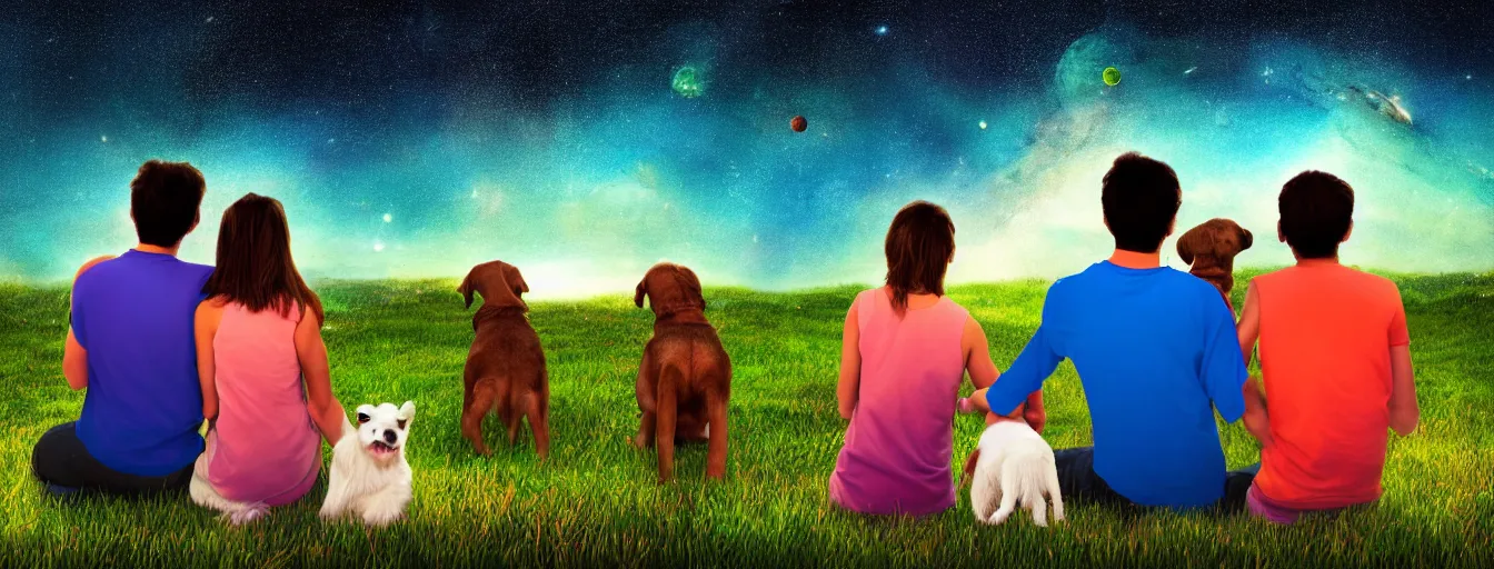 Image similar to rear view of a young couple and a kid holding hands, with a dog sitting next to them in a small green planet looking to the night sky displaying an entire colorful universe, digital art, epic, colorful, highly detailed