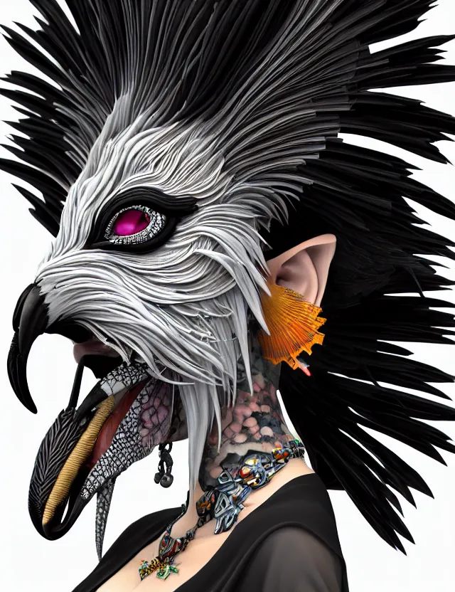 Image similar to 3 d goddess close - up profile portrait punk with mohawk with ram skull. beautiful intricately detailed japanese crow kitsune mask and clasical japanese kimono. betta fish, jellyfish phoenix, bio luminescent, plasma, ice, water, wind, creature, artwork by tooth wu and wlop and beeple and greg rutkowski