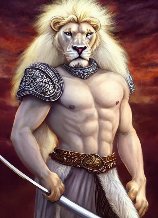 Image similar to aesthetic portrait commission of a of a male fully furry muscular anthro albino lion with a tail and a beautiful attractive hyperdetailed face, wearing ancient roman attractive gladiator outfit while holding a gladiators sword in his hand in a giant roman coliseum at golden hour. Character design by charlie bowater, ross tran, artgerm, and makoto shinkai, detailed, inked, western comic book art, 2021 award winning film poster painting