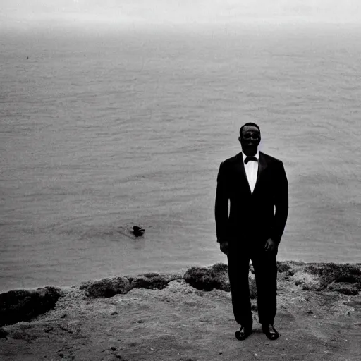 Image similar to vintage photo of a black man wearing a black suit in front of rio de janeiro