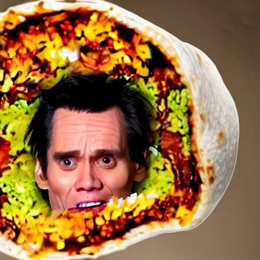 Image similar to photo of jim carrey's head inside of a burrito