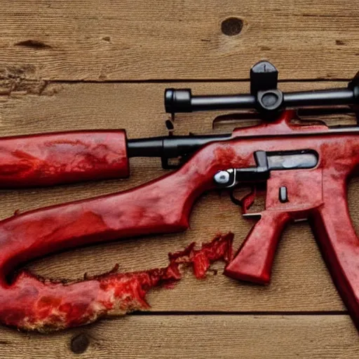 Prompt: a rifle made of red raw flesh and bone, visceral