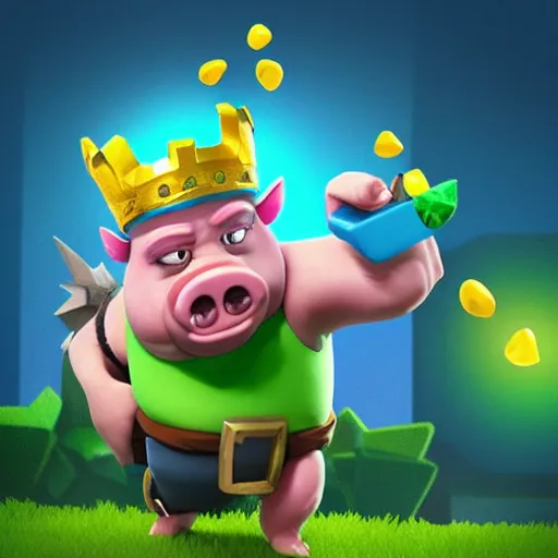 Prompt: “pig from clash royale game throwing green gems at a unifi access point”