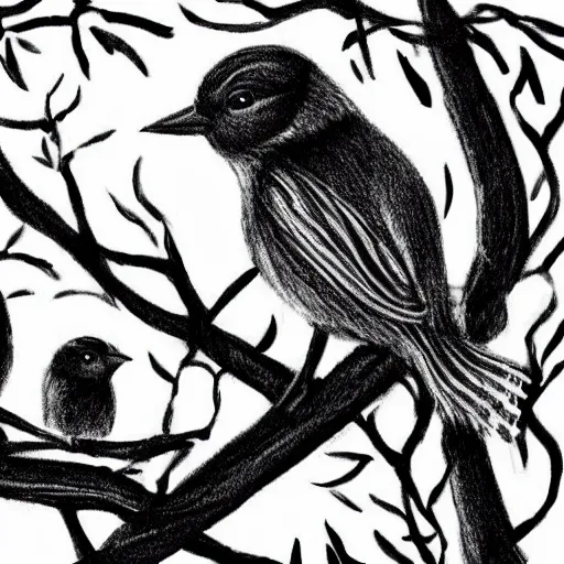 Prompt: once upon a time there were little birds that became black and white drawing