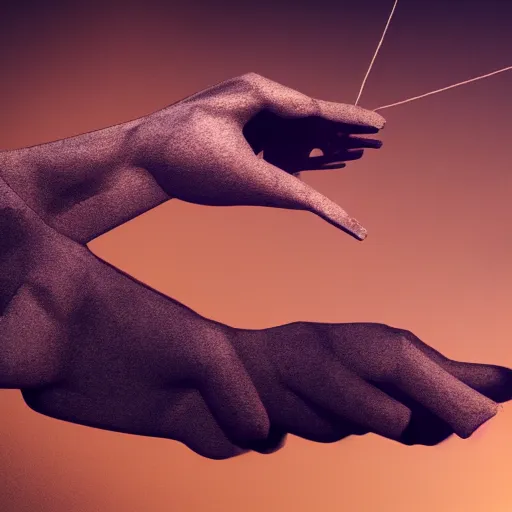 Image similar to shadow of a puppet being held up with strings and the puppeteers hand, depth field, unreal engine, 4k concept art and hyper realism