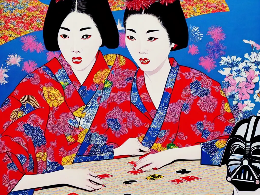 Image similar to hyperrealistic composition of the detailed woman in a japanese kimono sitting at a extremely detailed poker table with detailed darth vader, fireworks, mount fuji on the background, pop - art style, jacky tsai style, andy warhol style, acrylic on canvas