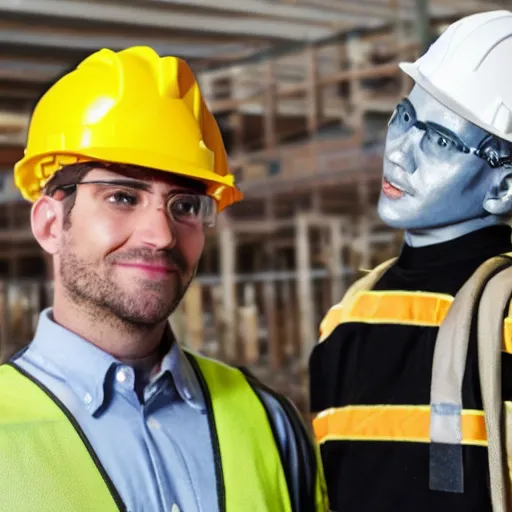 Image similar to man dressed in construction clothes next to him is a robot