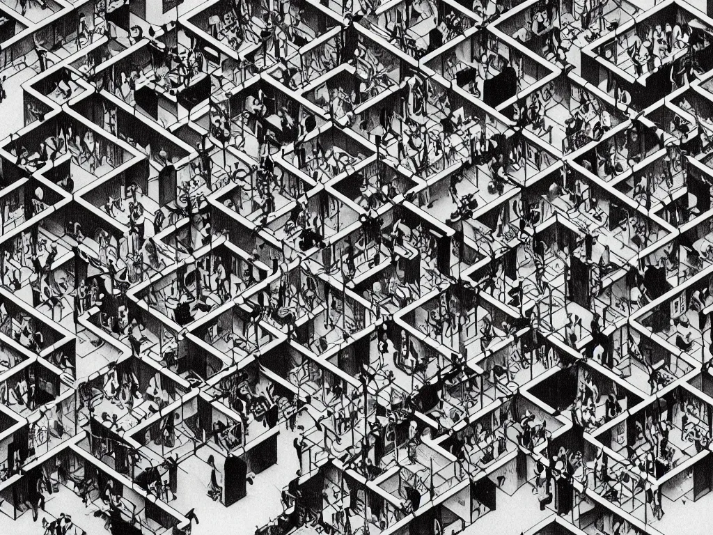 Prompt: madness in 90s cubicle office by M.C. Escher