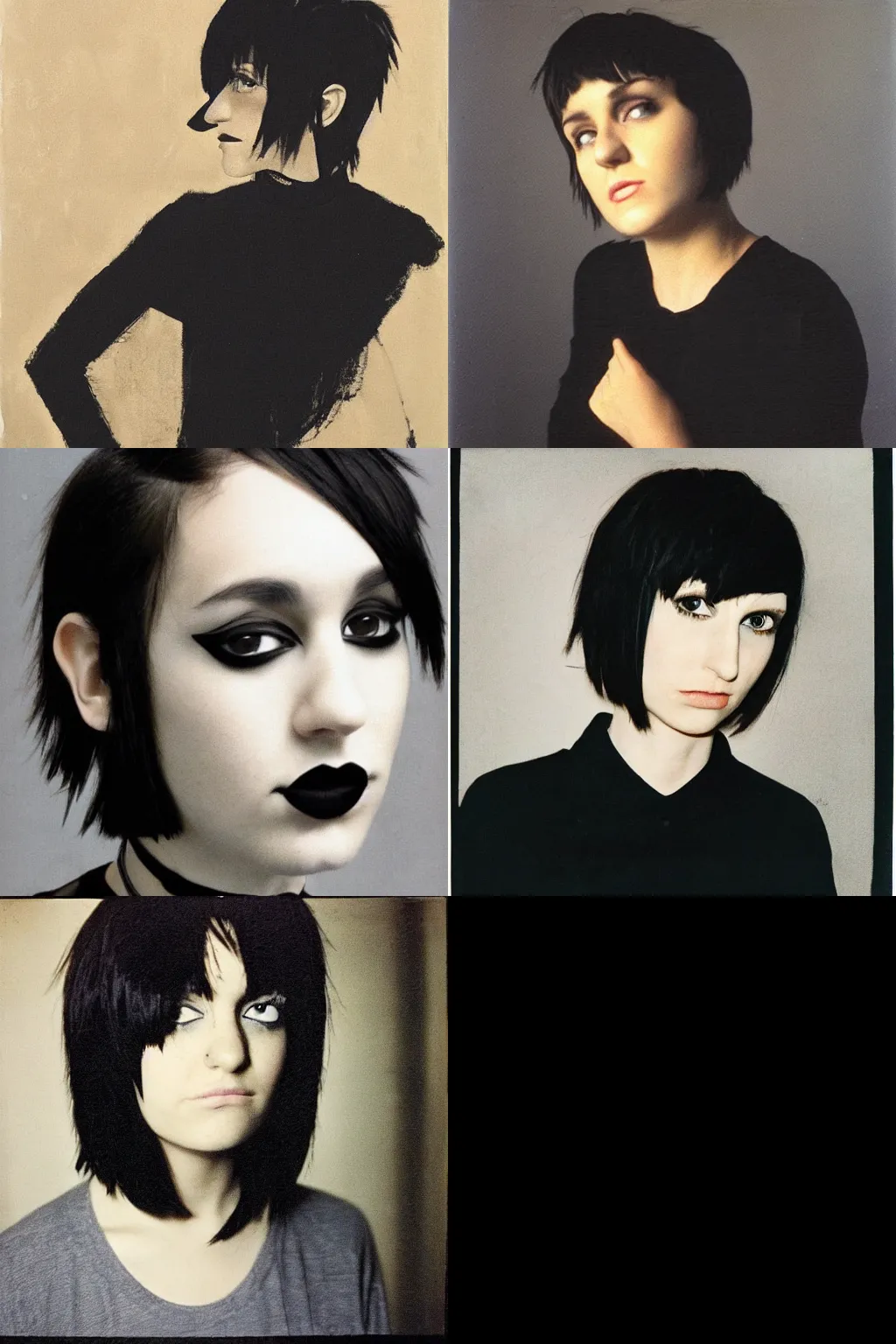 Prompt: an emo portrait by josef albers. her hair is dark brown and cut into a short, messy pixie cut. she has a slightly rounded face, with a pointed chin, large entirely - black eyes, and a small nose. she is wearing a black tank top, a black leather jacket, a black knee - length skirt, and a black choker..