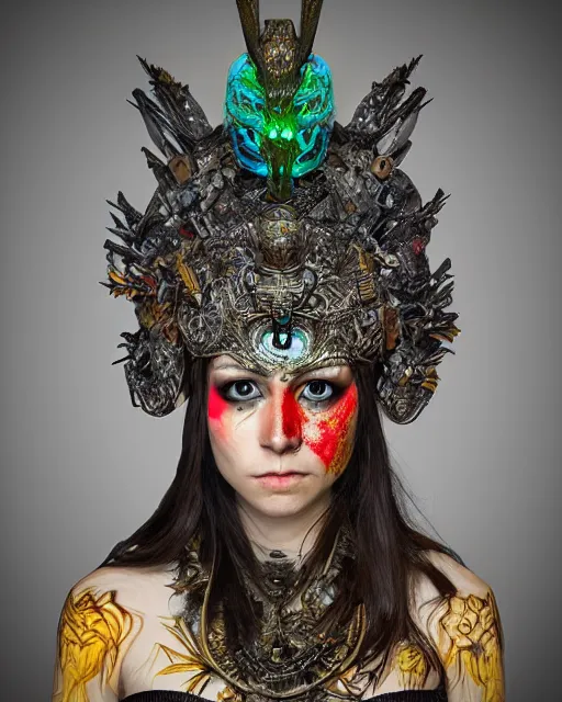 Image similar to 3 d warrior goddess medium shot portrait. beautiful intricate highly detailed magpie helm, shattered armor, kintsugi, quetzalcoatl, bioluminescent, lava, ice, in the style of chiara bautista,