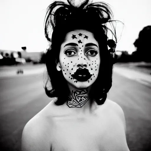 Prompt: beautiful young latino woman with gutterpunk pen ink face tattoos at golden hour, black & white, stars in background, cinematic diane arbus, leica s, 5 0 mm, fuji 8 0 0, grainy, low light