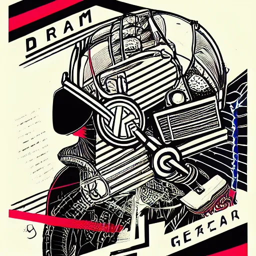 Image similar to !dream Illustrated by Shepard Fairey and H.R. Geiger | Cyberpunk Soviet Samurai with VR helmet, surrounded by cables