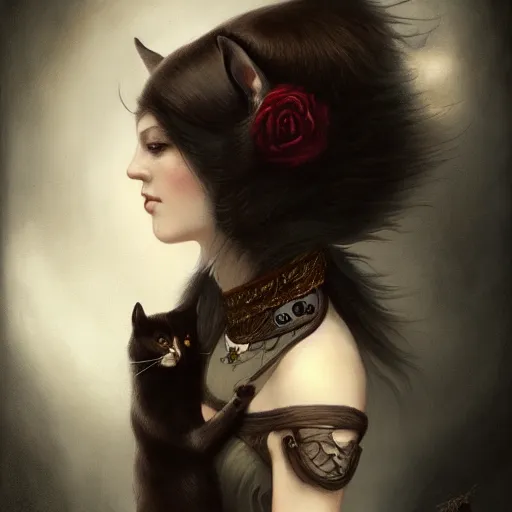 Image similar to a painting of a woman with a cat on her shoulder, a character portrait by tom bagshaw, featured on deviantart, gothic art, wiccan, lowbrow, goth