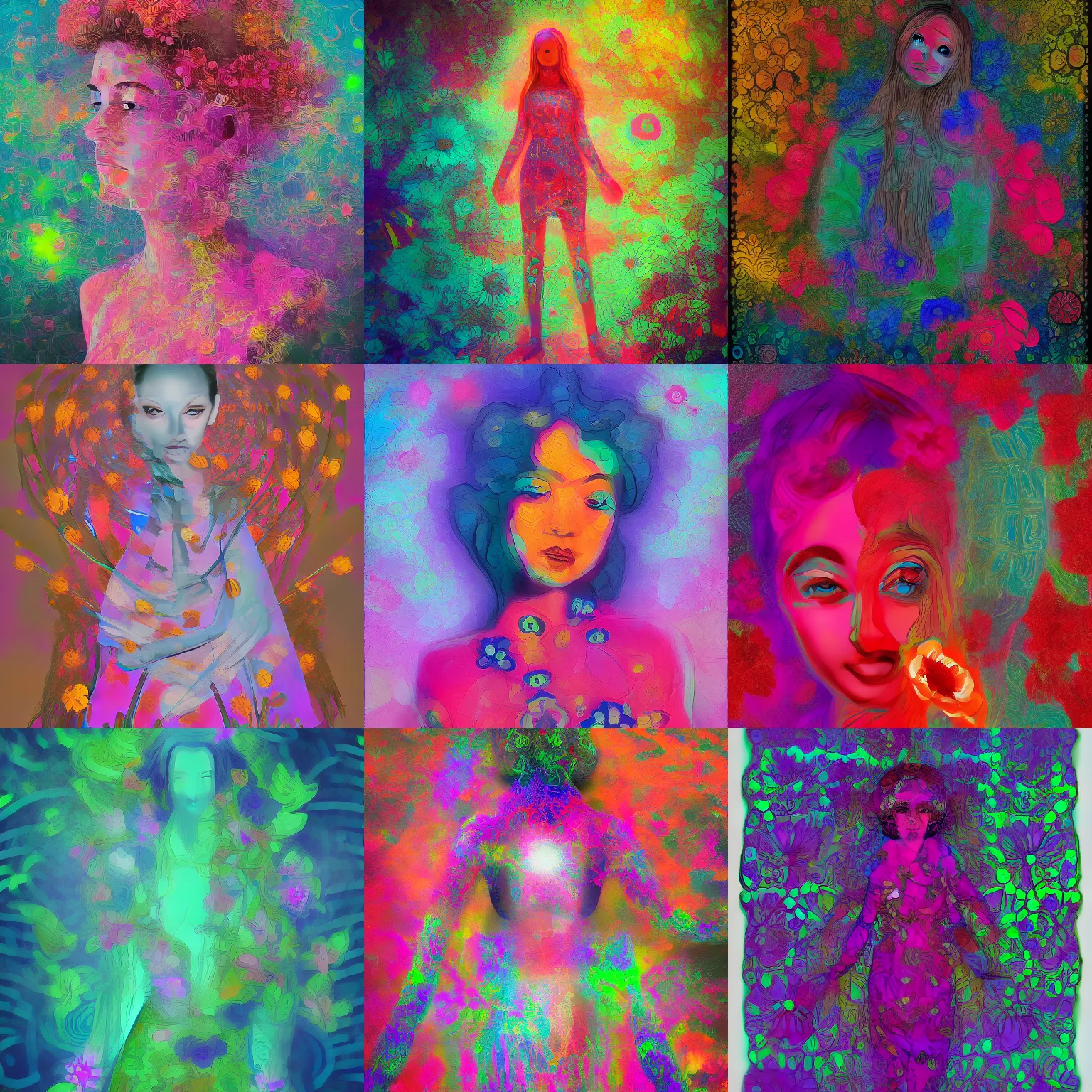 Prompt: ai - generated art, generated by an ai image generator who read this caption. tags : detailed, psychedelic, self - aware, design your own avatar, lady with glowing flowers dress, matte painting, trending on artstation