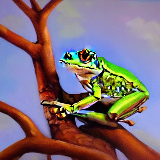 Prompt: beautiful oil painting of frog on a tree, sunlight, award - winning, matte,