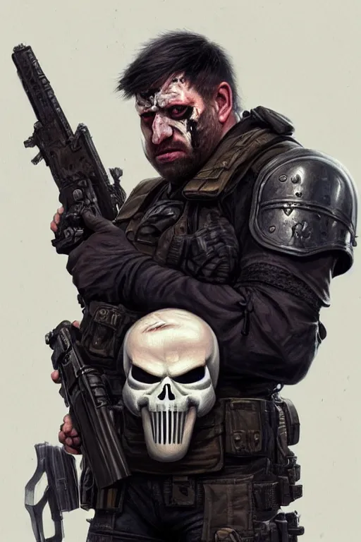 Image similar to Boris Johnson as Punisher, portrait, skull on the armor plate, highly detailed, digital painting, artstation, concept art, smooth, sharp focus, illustration, cinematic lighting, art by artgerm and greg rutkowski and alphonse mucha