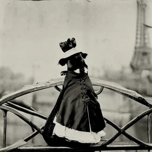 Prompt: a guinea pig wearing a victorian dress stands on a bridge over a river in Paris, vintage black and white photograph