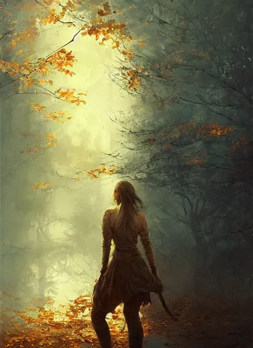 Image similar to golden leaves at frame border, creative!!! composition for a book cover, moon, beautiful painting by jeremy mann, ultrafine hyperrealistic detailed artwork by wlop and artgerm and greg rutkowski, intricate linework, sharp focus, smooth, octopath traveler, final fantasy, unreal engine, dramatic lighting, ethereal, 8 k
