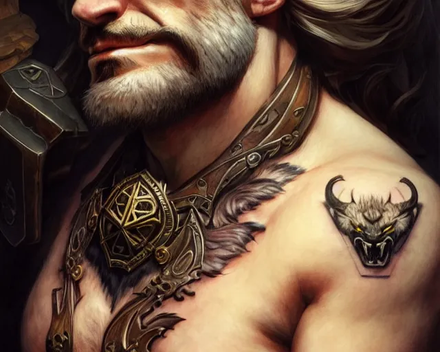 Image similar to sabretooth chest tattoo, deep focus, d & d, fantasy, intricate, elegant, highly detailed, digital painting, artstation, concept art, matte, sharp focus, illustration, hearthstone, art by artgerm and greg rutkowski and alphonse mucha