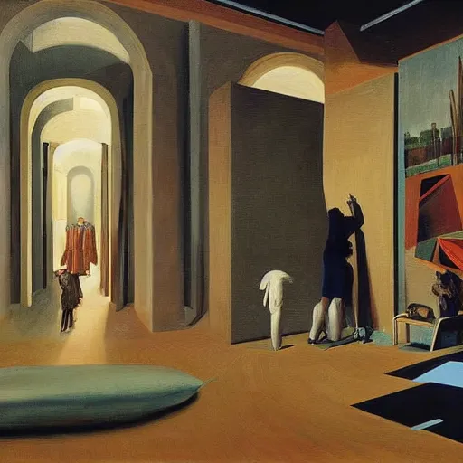 Prompt: oil painting, inside the museums, infinity goes up on trial, by paula rego, by de chirico, by magritte, by neo rauch