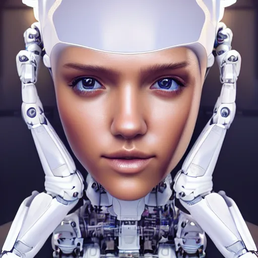 Image similar to oil paining of robotic humanoid ( white jessica alba ), intricate mechanisms, highly detailed, professional digital painting, unreal engine 5, photorealism, hd quality, 8 k resolution, cinema 4 d, 3 d, cinematic, professional photography, art by artgerm and greg rutkowski and alphonse mucha and loish and wlop