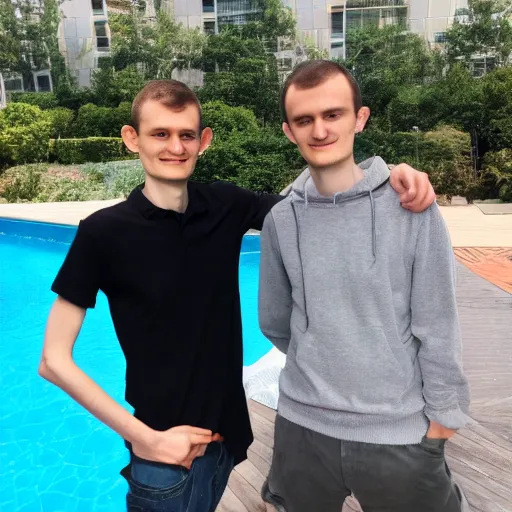 Prompt: vitalik buterin and sam bankman - friedman hanging by the pool