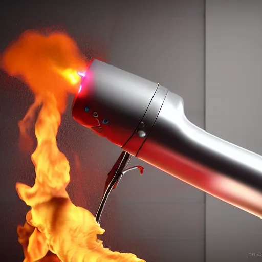 Prompt: a flamethrower in the design of a hairdryer, detailed product photo, 3 d render, blender