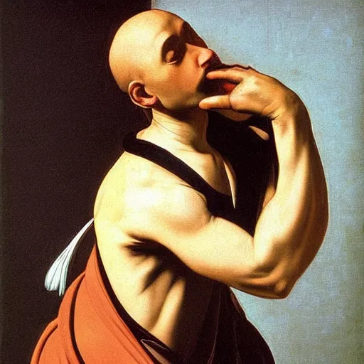 Prompt: caravaggio painting of qigong and tea