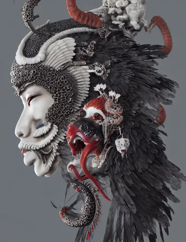 Image similar to 3 d goddess of hell close - up profile portrait with ram skull. beautiful intricately detailed japanese crow kitsune mask and clasical japanese kimono. betta fish, jellyfish phoenix, bio luminescent, plasma, ice, water, wind, creature, artwork by tooth wu and wlop and beeple and greg rutkowski