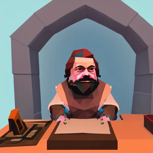 Prompt: low poly, A dwarf peeking over his desk surprised like Killroy, the desk is covered in scattered letters, deep rock galactic screenshot, low poly, digital art.