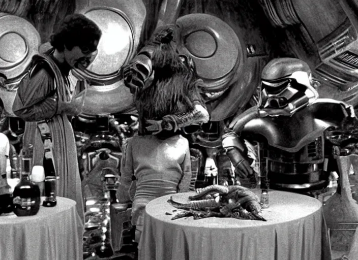 Prompt: still of some aliens having a drink in the Cantina in Star Wars (1977).