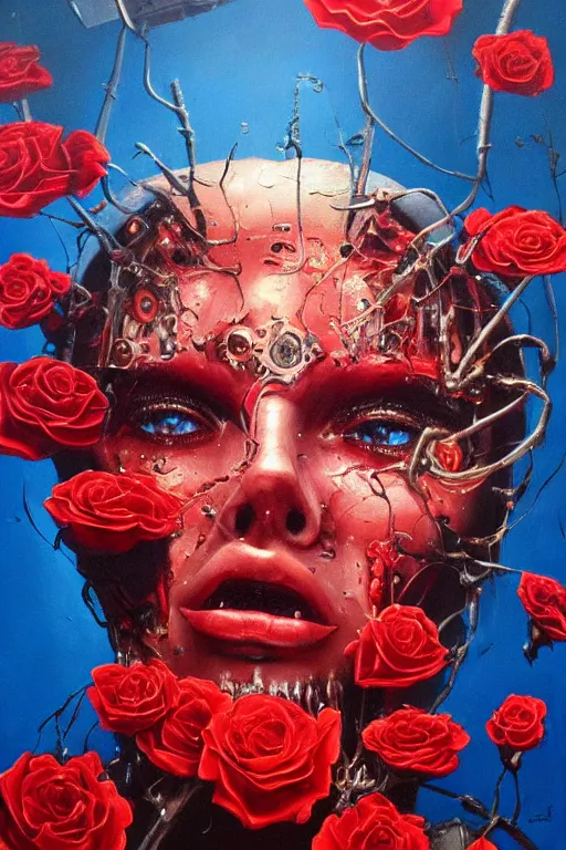 Image similar to oil painting, close-up, hight detailed, melting cyborg face with red roses everywhere at red planet, in style of 80s sci-fi art, neodada