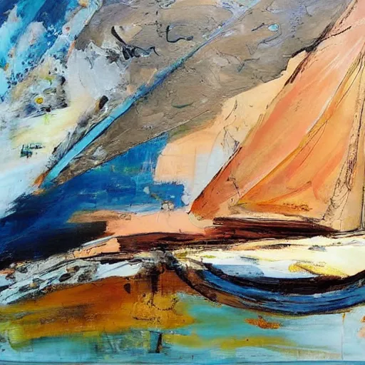 Image similar to a painting of a sailboat floating on a body of water, an abstract painting by ted degrazia, reddit contest winner, lyrical abstraction, mixed media, acrylic art, gold leaf, oil on canvas