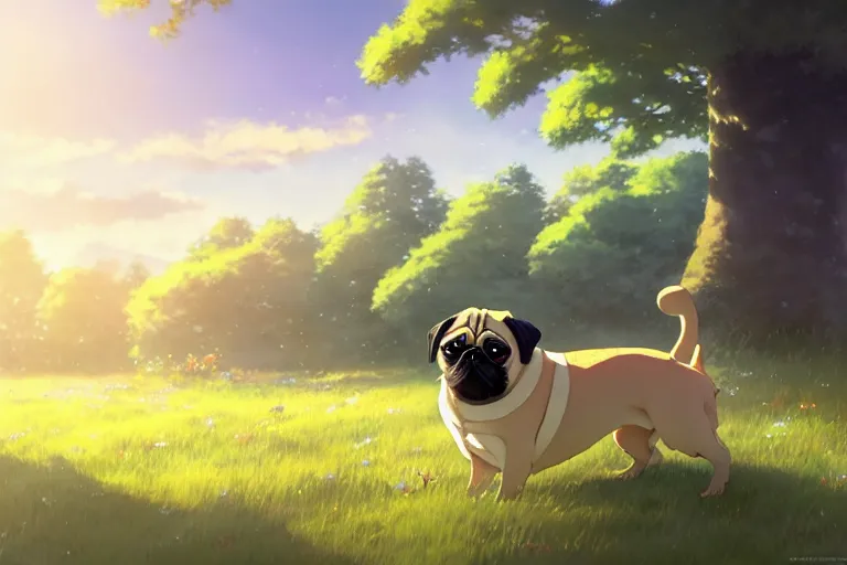 Image similar to a happy pug, single subject, peaceful flower meadow with some trees in the background, scenic full shot, ambient lighting, detailed face, by makoto shinkai, stanley artgerm lau, wlop, rossdraws