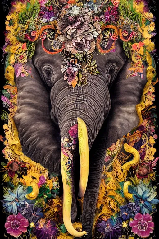 Image similar to Painted dark-wood relief carving of a Flowerpunk Matriarch Elephant, explosion of colorful flowers, dark wood, intricately carved, black ink, festival of rich colors, intricate details, cinematic lighting, volumetric lighting, backlit, post-processing, by andreas rocha and john howe, and Martin Johnson Heade, featured on artstation, featured on behance, golden ratio, ultrawide angle, hyper detailed, photorealistic, epic composition, wide angle, f32, well composed, UE5, 8k