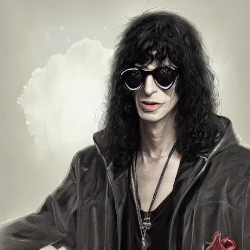 Image similar to a portrait of joey ramone as a wizard, upper half portrait, urban motifs, intricate, elegant, highly detailed, digital painting, trending on artstation, concept art, smooth sharp focus, illustration, art by artgerm and greg rutkowski