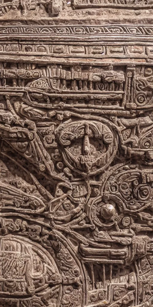 Image similar to detailed photo of ancient bus in museum, photorealism, aztec culture, intricate detail, museum diffuse lighting