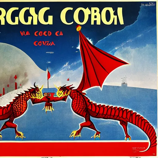 Image similar to Dragon invasion of Moscow, Russia cold war poster style