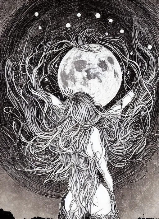 Image similar to portrait, A Witch from behind with long hair levitating in front of the full big moon, book cover, red white and black colors, establishing shot, extremly high detail, foto realistic, cinematic lighting, pen and ink, intricate line drawings, by Yoshitaka Amano, Ruan Jia, Kentaro Miura, Artgerm, post processed, concept art, artstation, matte painting, style by eddie mendoza, raphael lacoste, alex ross