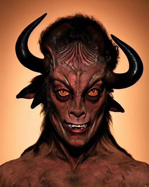 Image similar to tim curry in full makeup as darkness, the goat legged water buffalo horned red devil in ridley scott's movie legend. studio lighting, photoshoot in the style of annie leibovitz, atmospheric smoke